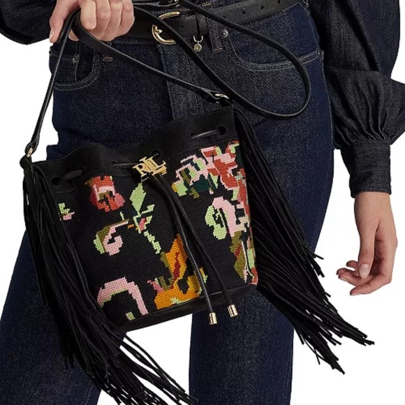 LAUREN RALPH LAUREN Needlepoint Medium Andie Drawstring Crossbody Bag AUTHENTIC - Picture 14 of 15